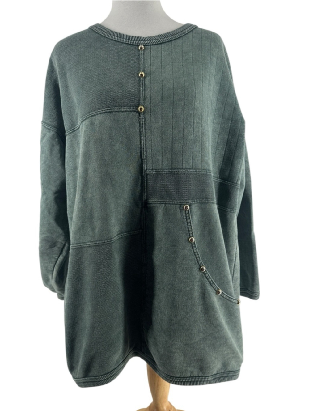 KD Designs Green Mineral Wash Patchwork Sweatshirt Stud Oversized Tunic Top sz M